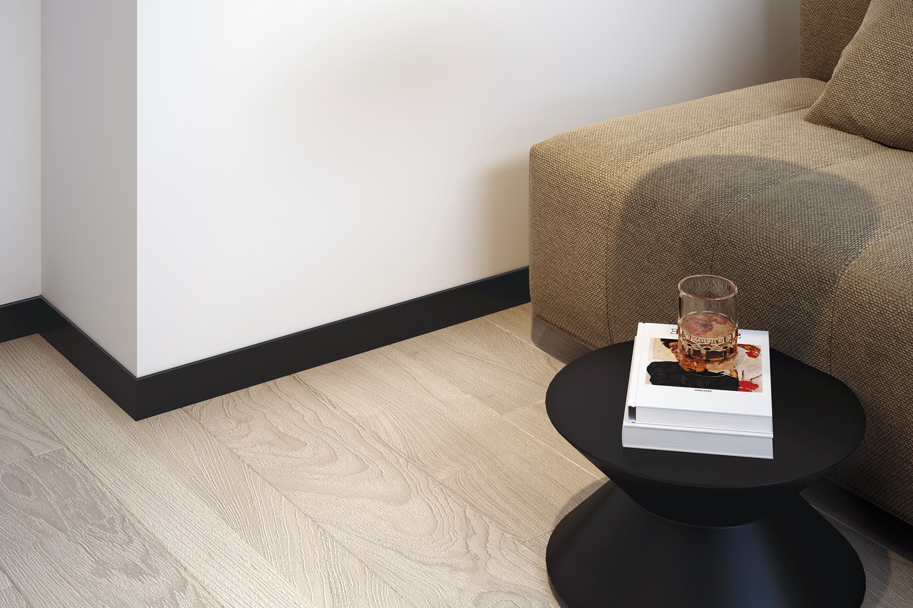 Czarna listwa Future Slim 9005 w aranżacji salonu z jasną podłogą